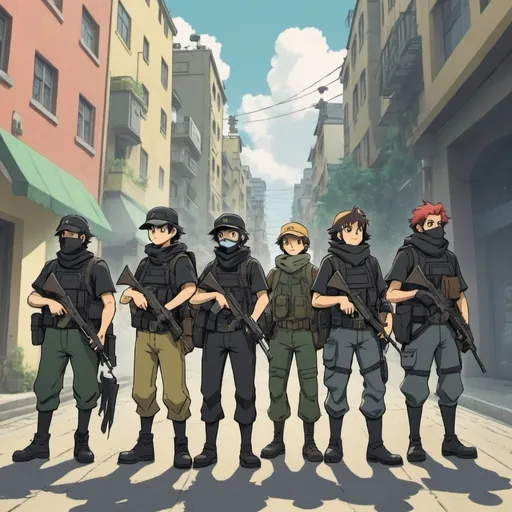 Prompt: Ghibli 2D anime style. A squad of Anarcho-Capitalist militia in a city.