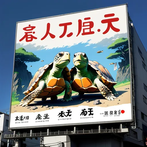 Prompt: Ghibli 2D anime style. Japanese billboard advertisement. Sapphic turtles.