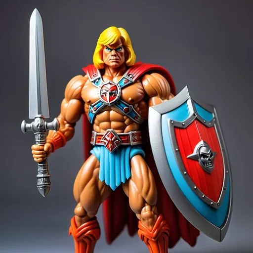 Prompt: Style He-Man action figure. Donald Trump with big sword and shield. 