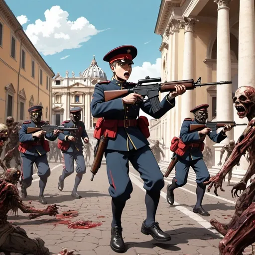Prompt: Ghibli 2D anime style. A Swiss Guardsman armed with an assault rifle fighting off zombies at the Vatican.