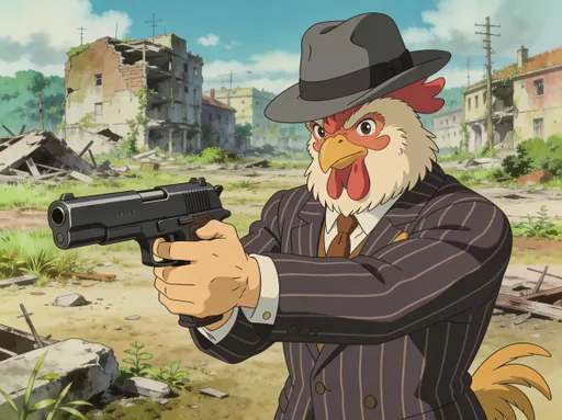 Prompt: Ghibli anime style, colored line drawing. Post apocalyptic wasteland. Post apocalyptic wasteland. Anthropomorphic male rooster. 30's gangster style, armed with M1911a1. 