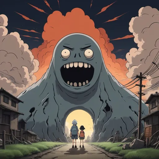 Prompt: Ghibli 2D anime style. Apocalypse. Kilroy was here!