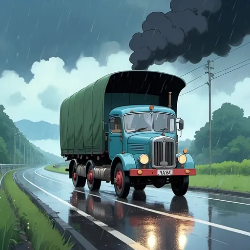 Prompt: Ghibli 2D anime style. A steam lorry on a highway. raining.