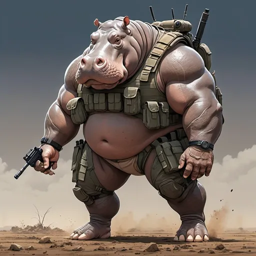 Prompt: Ghibli 2D anime style. a 7 foot large male Hippo-Humanoid with a big muscular body and big legs, wearing plate carrier armed with a belt fed M60 machinegun. dirt ground with a sky background.