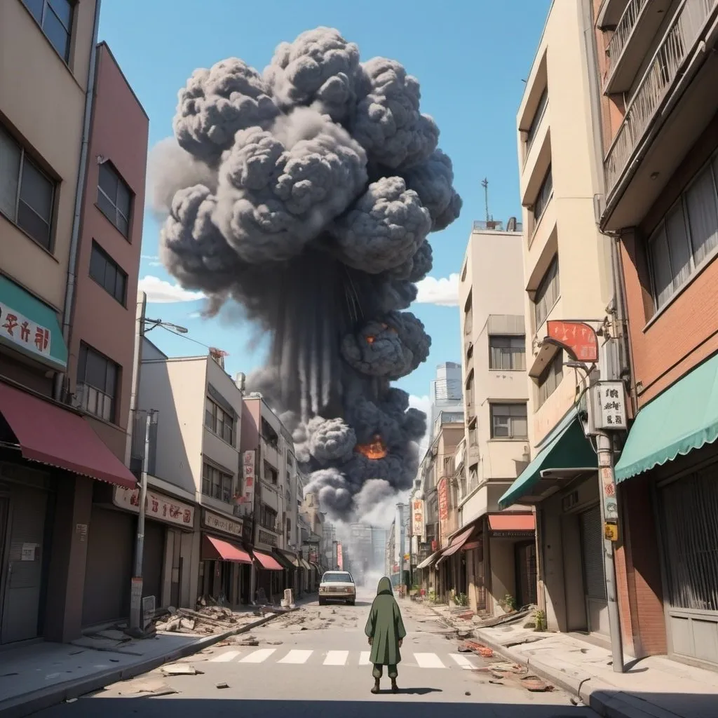 Prompt: Ghibli 2D anime style. A Terrorist bombing in a downtown area of a city.