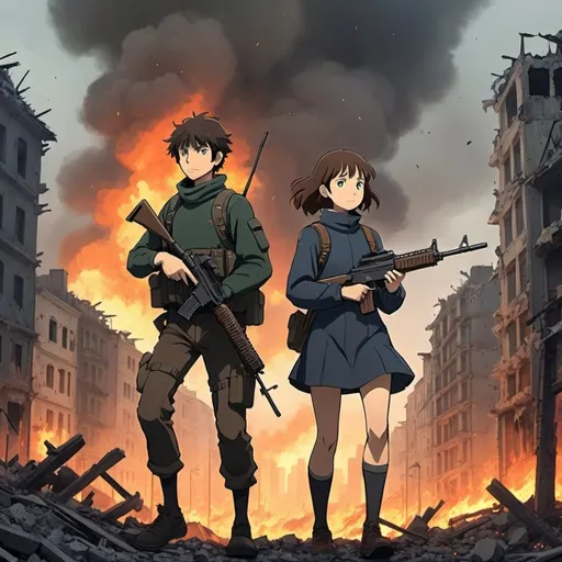 Prompt: Ghibli 2D anime style. A of man and woman armed with assault rifles in a city. Behind them a destroyed city burns. Night.