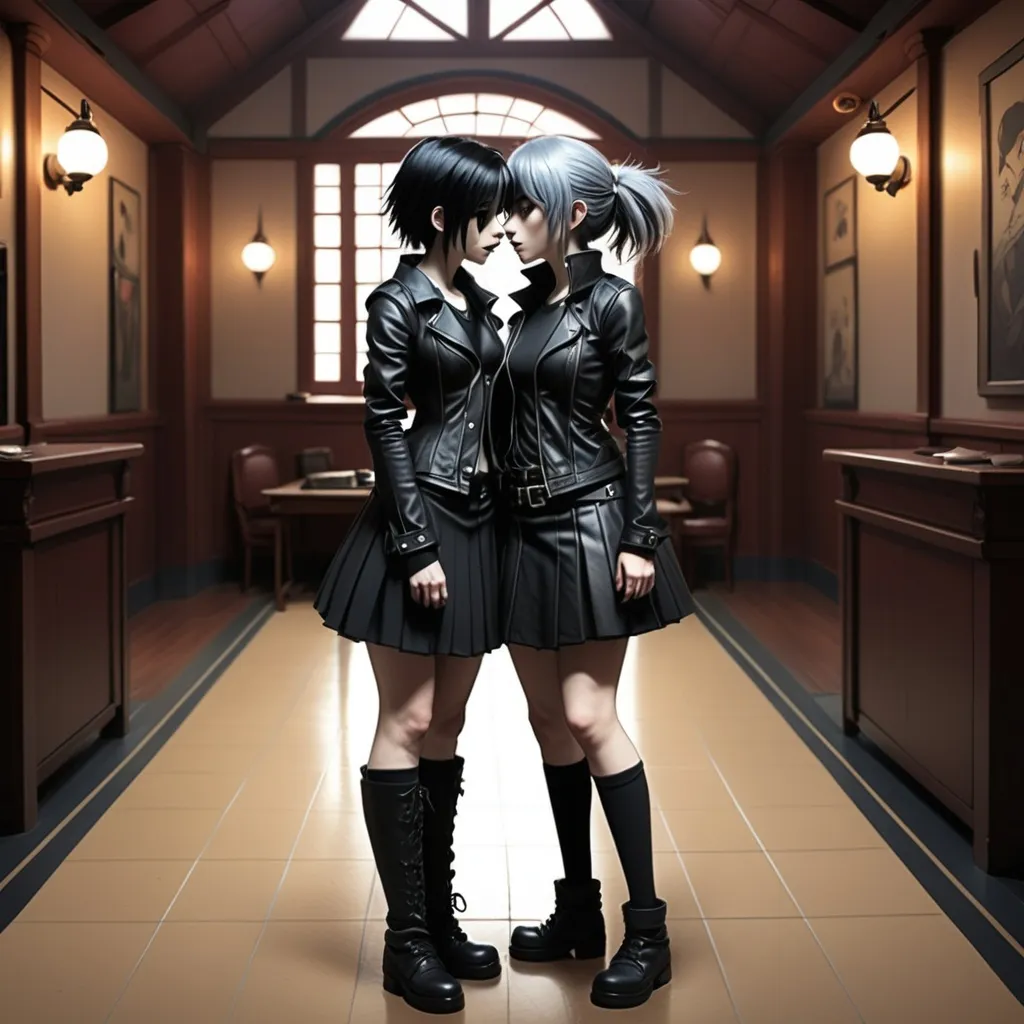 Prompt: Ghibli 2D anime style. leather goth female. Sapphic exploration. Love will tear us apart again.