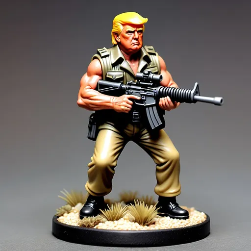 Prompt: Style 28mm table top gaming miniature. Donald Trump in Rambo garb, shooting a big machine gun.