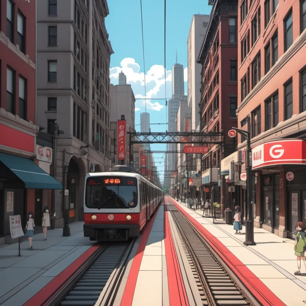 Prompt: Ghibli 2D anime style. A street view in a city like Chicago with Red Line CTA rail.