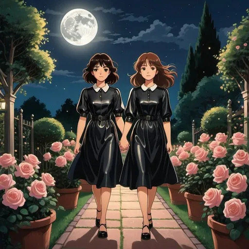 Prompt: Studio Ghibli 2D anime style.
Create an image of two young women walking hand in hand in a rose garden at night under a full moon. The first woman, named Jane, is of medium height with long auburn hair styled with bangs, deep brown eyes, and wearing a stylish leather dress with short sleeves and a high skirt cut. The second woman, named Miko, is of similar height, with professionally styled soft waves in her black hair, and wearing a sophisticated black leather dress with elbow-length sleeves and a midi-length A-line skirt. Both women exhibit a serene expression, and the scene is illuminated by the soft, romantic glow of the moonlight reflecting off the vibrant roses around them. The background features a beautifully manicured garden with a variety of roses in full bloom.