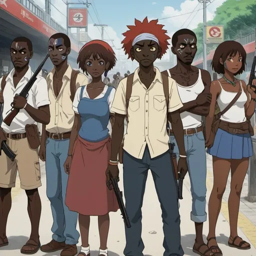 Prompt: Ghibli 2D anime style. A group of Haitian men and women. all wear voodoo face paint. Armed with a variety of firearms and machetes'. Daytime outside of a subway station. 