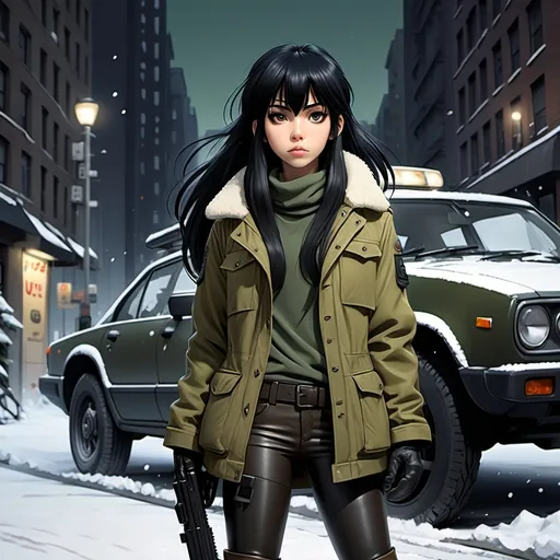 Prompt: Ghibli 2D anime style. Female Division agent. Long black hair with bangs. leather leggings, tall combat boots. M65 olive drab jacket. armed with an uzi. taking cover beside car. night. NYC. Winter.