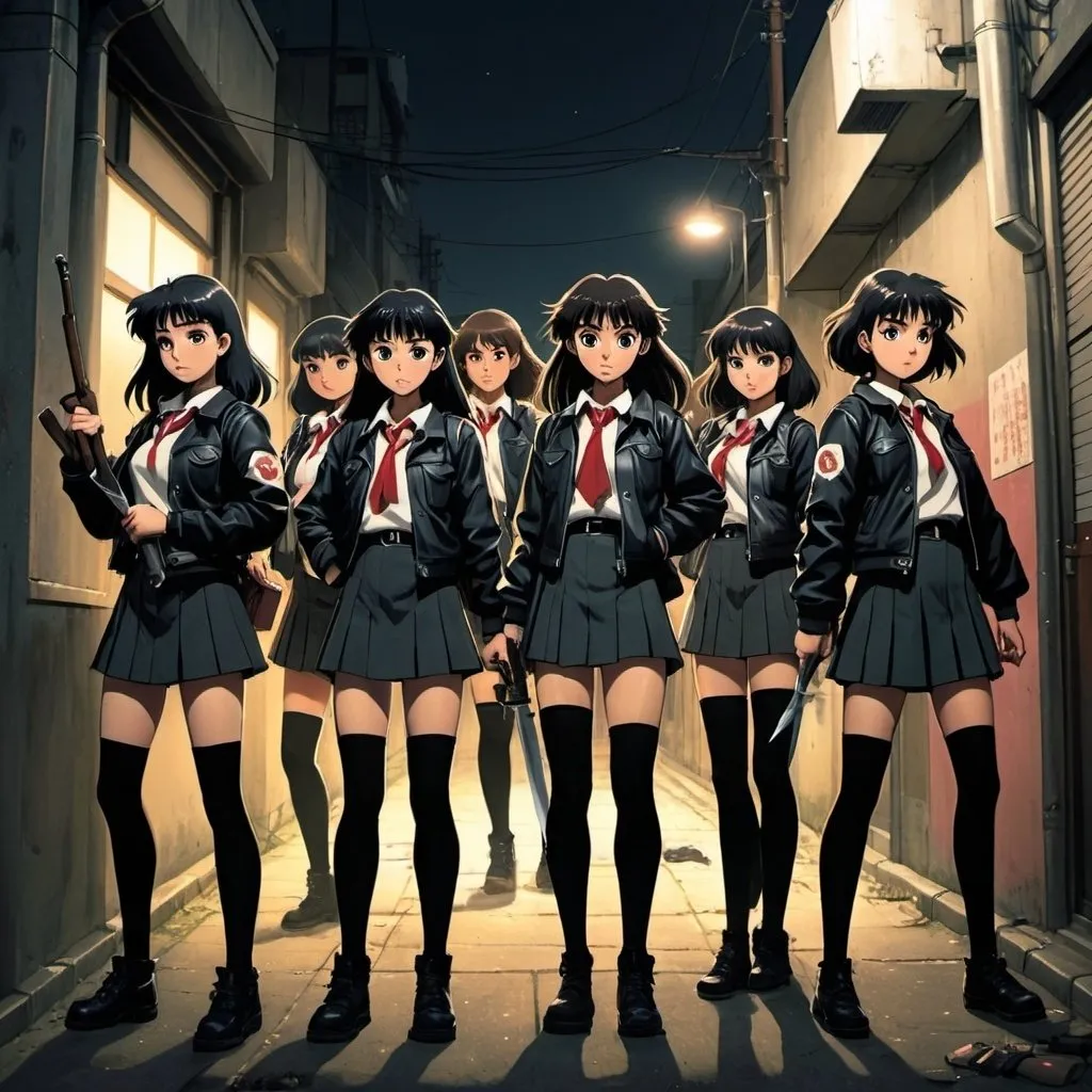 Prompt: Ghibli 2D anime style. A group of Japanese Sukeban. all wear identical attire including leather jacket and school uniform with over the knee socks. Armed with a variety of melee weapons. Nighttime in an alley.   