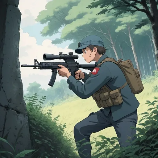Prompt: Ghibli 2D anime style. A militiaman firing his M16 at an unseen target.