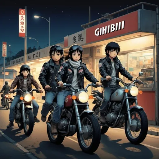 Prompt: Ghibli 2D anime style. A group of Japanese Go go bikers. all wear identical attire including leather jacket. Armed with a variety of weapons. Nighttime outside of a gas station. Parked motocycles.