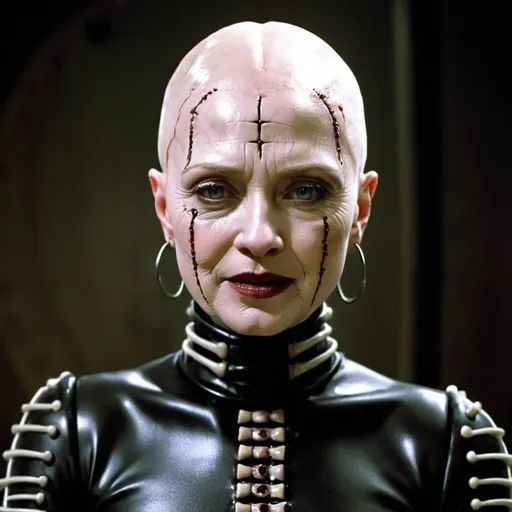 Prompt: Bald Hilary Clinton A female cenobite from Hellraiser. She wears a heavy rubber dress with gloves and boots. She has many incisions and pins in her albino skin.