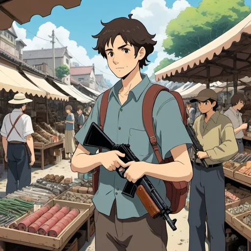 Prompt: Ghibli 2D anime style. A man selling firearms and weapons in an open air market. Daytime 