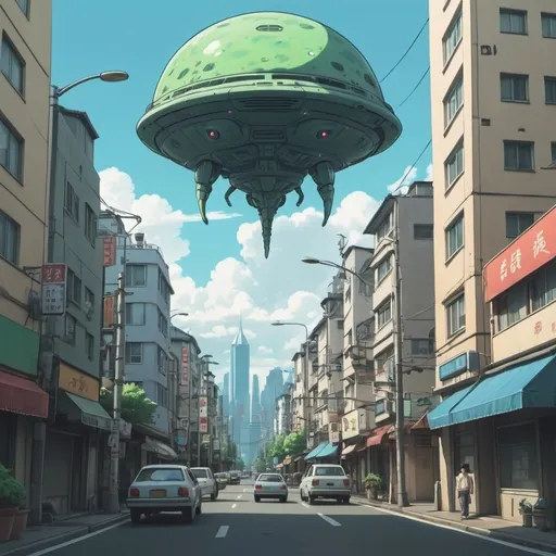 Prompt: An alien invasion in a city.  Ghibli 2D anime style.
