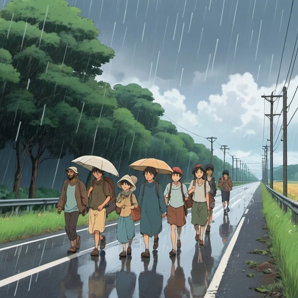 Prompt: Ghibli 2D anime style. A group of refugees walking along the side of a highway. raining.