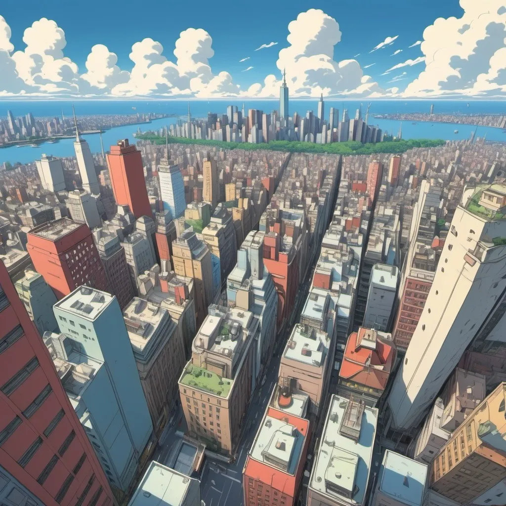 Prompt: Ghibli 2D anime style. A sky view of a major metropolitan city like New York.