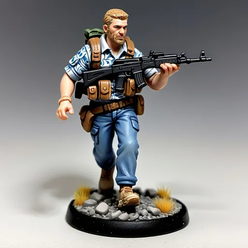 Prompt: A male Caucasian mercenary. AK-47, jeans, Hawaiian shirt, running shoes, chest rig and plate carrier. Style 28mm table top gaming miniature.