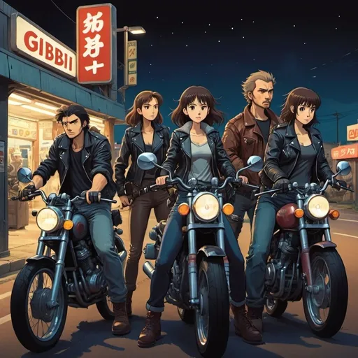 Prompt: Ghibli 2D anime style. A group of Caucasian men and women bikers. all wear a leather jacket. Armed with a variety of weapons. Nighttime outside of a gas station. Parked motorcycles.