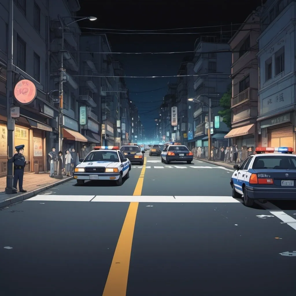 Prompt: Ghibli 2D anime style. A crime scene in a large city, police cars, barrier tape, chalk outline. Nighttime illuminated by street lights and police car lights. 