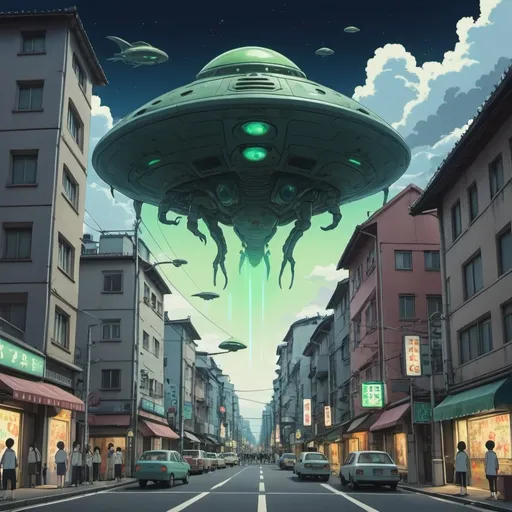 Prompt: An alien invasion in a city.  Ghibli 2D anime style.
