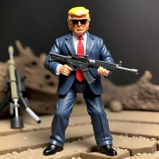 Prompt: Style 1:18 scale action figure. Donald Trump in Rambo garb, shooting a big machine gun.