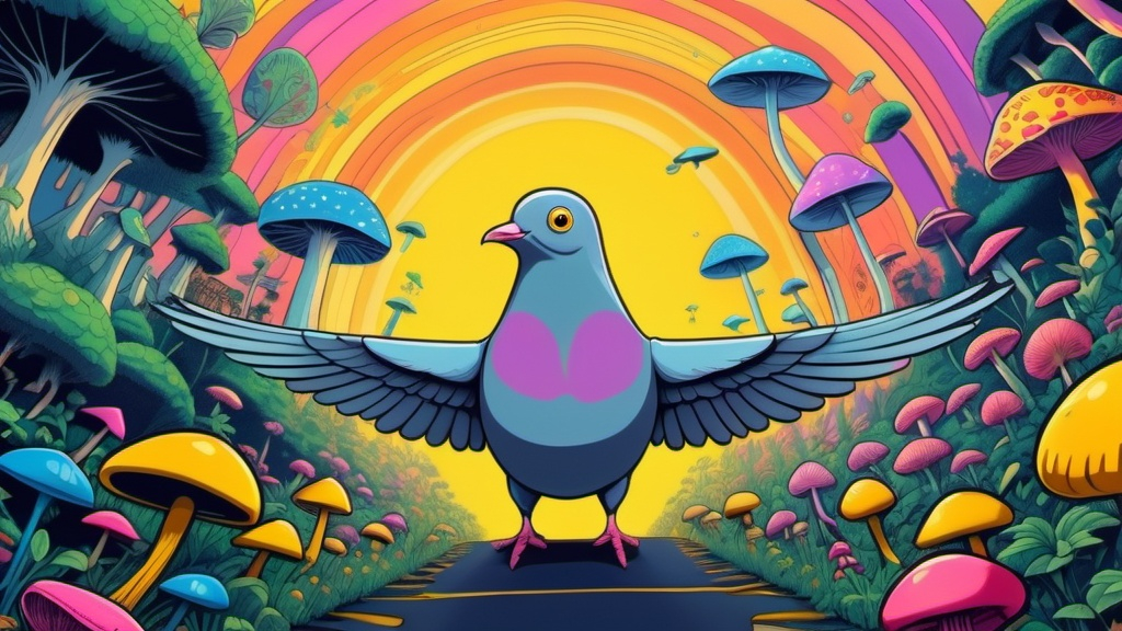 Prompt: Ghibli 2D anime style. A pigeon that is guiding you through an acid trip. psychedelic. magic mushrooms. yellow submarine.