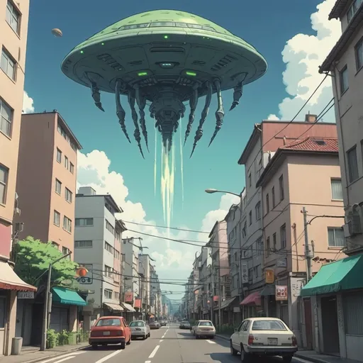 Prompt: An alien invasion in a city.  Ghibli 2D anime style.
