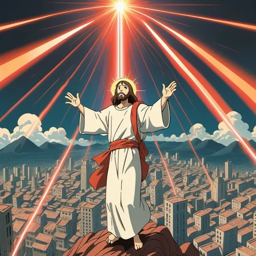 Prompt: Ghibli 2D anime style. 900 ft tall Jesus destroying the city of New Sodom with laser beam eyes.