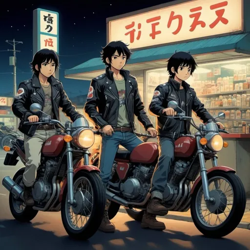 Prompt: Ghibli 2D anime style. A group of male Japanese Go go bikers. all wear identical attire including leather jacket. Armed with a variety of weapons. Nighttime outside of a gas station. Parked motorcycles.