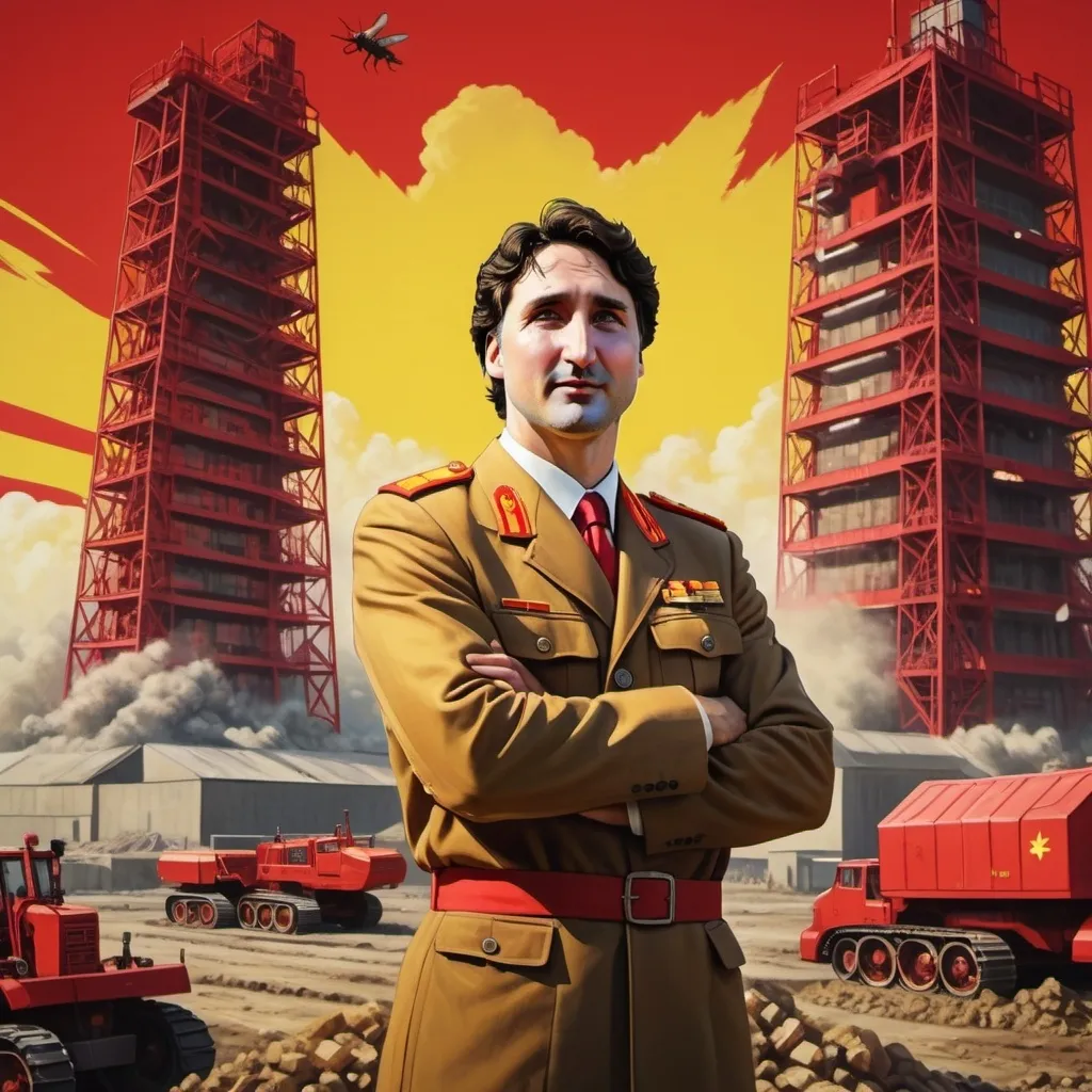 Prompt: Justin Trudeau depicted over seeing the building of a bug factory. North Korean style propaganda poster.  