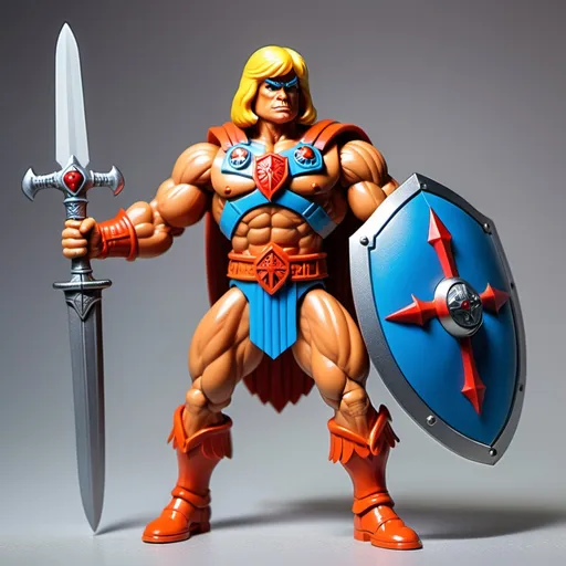 Prompt: Style He-Man action figure. Donald Trump with big sword and shield. 