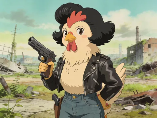 Prompt: Ghibli anime style, colored line drawing. Post apocalyptic wasteland. Post apocalyptic wasteland. Anthropomorphic female chicken. Rockabilly style. black wig. armed with Walther ppk. 