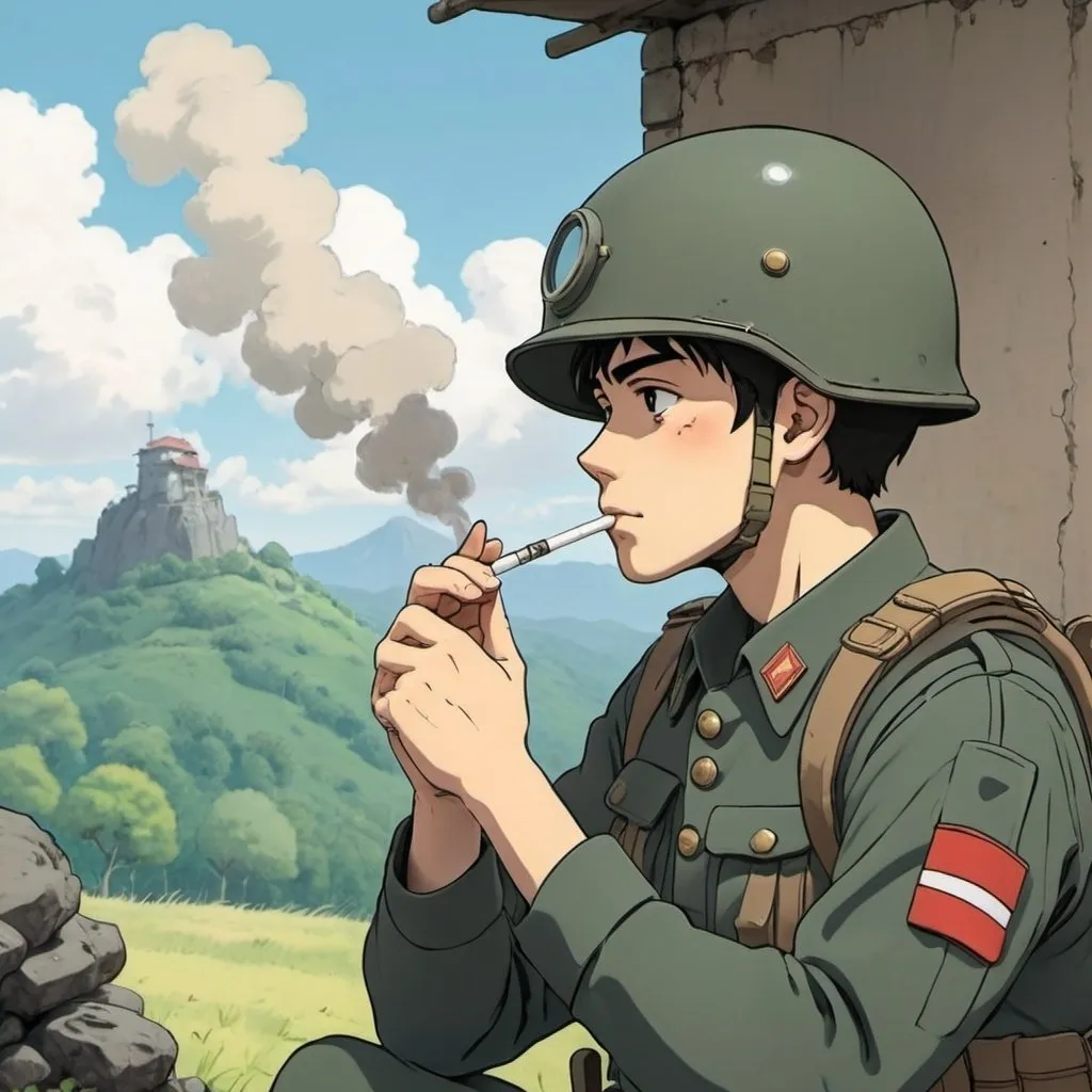 Prompt: Ghibli 2D anime style. A soldier taking a smoke break.