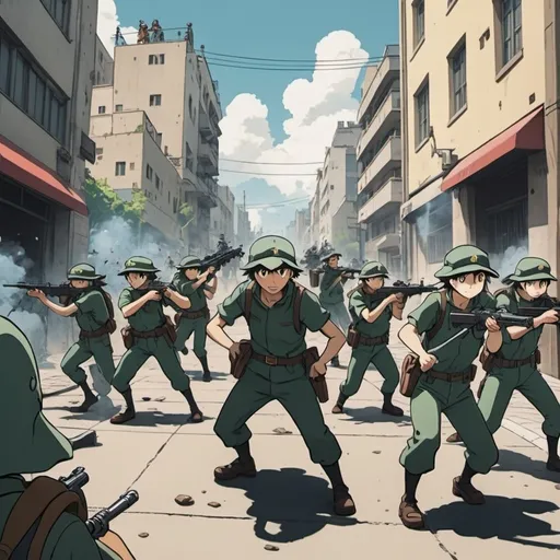 Prompt: Ghibli 2D anime style. A squad of Anarcho-Capitalist militia attacking enemies in a city.