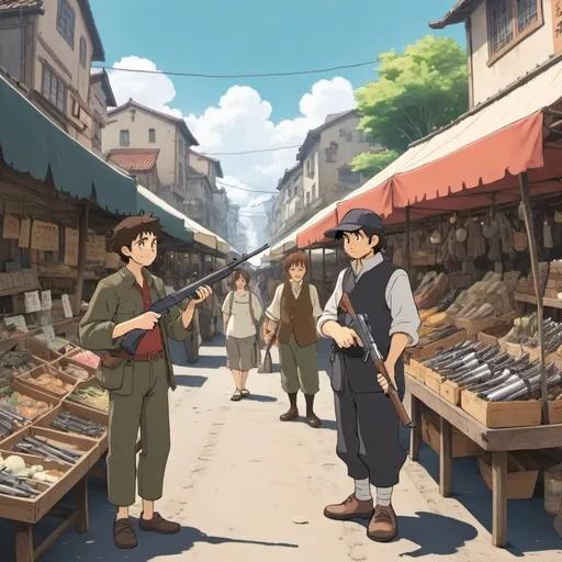 Prompt: Ghibli 2D anime style. A man selling firearms and weapons in an open air market. Daytime 