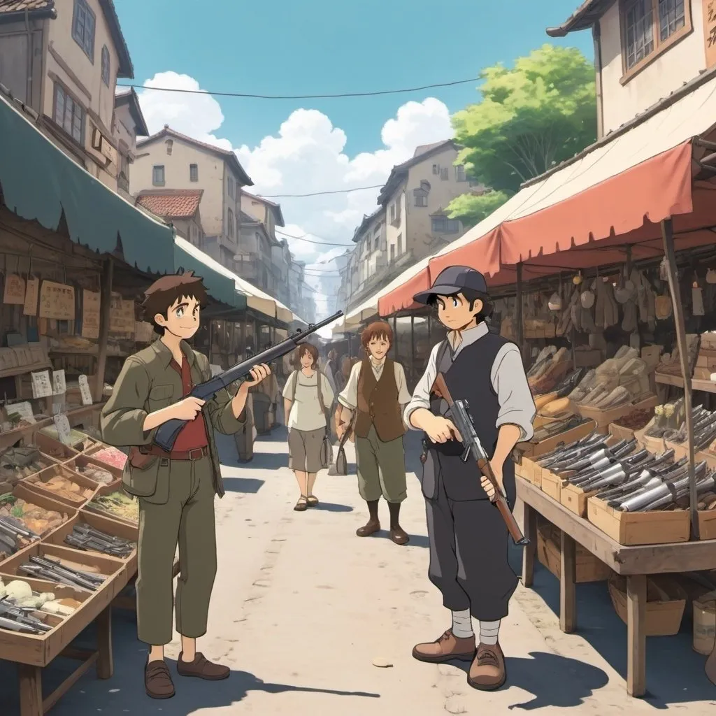 Prompt: Ghibli 2D anime style. A man selling firearms and weapons in an open air market. Daytime 