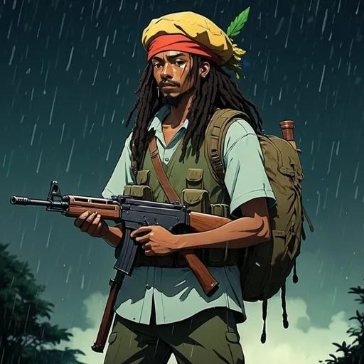 Prompt: Ghibli 2D anime style. A Rastafarian warrior armed with an FN Fal. Nightime raining.