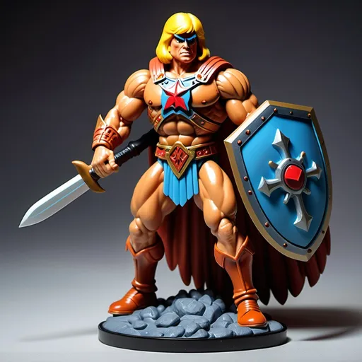 Prompt: Style He-Man action figure. Donald Trump with big sword and shield. 