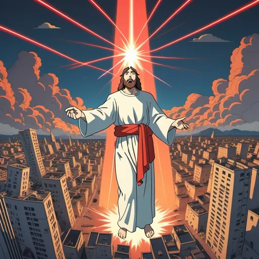 Prompt: Ghibli 2D anime style. 900 ft tall Jesus destroying the city of New Sodom with laser beam. Meme Magic.