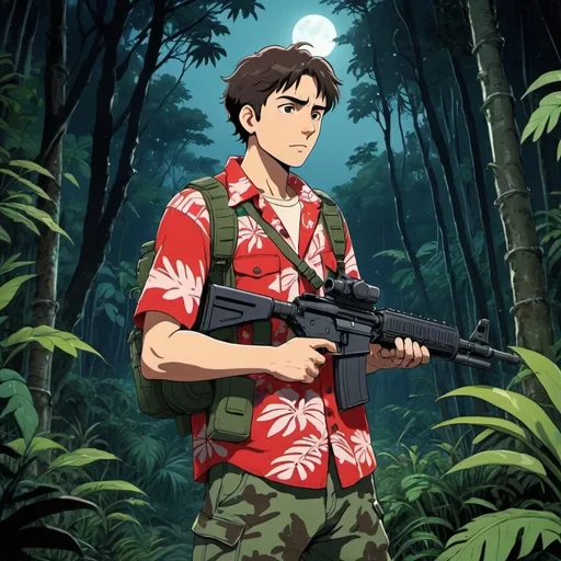 Prompt: Ghibli 2D anime style. A man wearing a red Hawaiian shirt and camo clothing armed with an assault rifle. Nighttime in a jungle