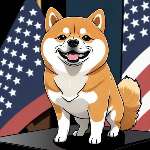 Prompt: A cartoon Shiba Inu with trump style hair. 