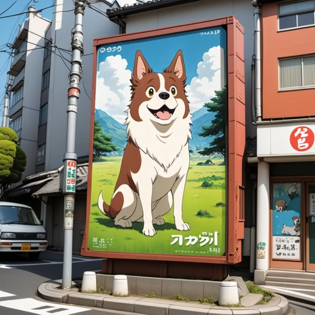 Prompt: Ghibli 2D anime style. Japanese billboard advertisement. Dog farts.