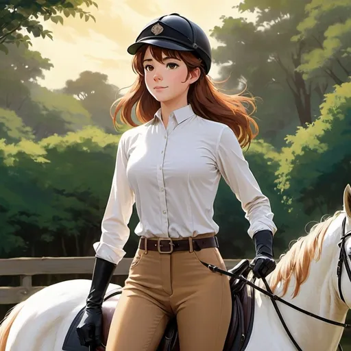 Prompt: 2d studio ghibli anime style,
Visual Description:
Create a portrait of a young woman named Jane. She is 19 years old with a sophisticated yet youthful appearance. Jane has long auburn hair with stylish bangs that frame her expressive deep brown eyes, which convey intelligence and a hint of playfulness.

Attire:
Jane is dressed in a classic equestrian outfit that showcases her fashionable taste and active lifestyle. She wears a crisp white shirt, neatly tucked into high-waisted tan riding pants that feature knee patches for durability. The outfit is completed with polished black knee-high boots, perfect for riding.

Accessories:
In one hand, Jane holds a riding crop paired with refined leather gloves, suggesting her readiness for equestrian activities. Under her other arm, she carries a traditional riding helmet, emphasizing her commitment to both style and safety.

Setting:
The background features a well-maintained sandy equestrian arena, surrounded by wooden fences and lush greenery that subtly blur into the distance. The setting sun casts a warm, golden light, creating a serene and inviting atmosphere.

Mood and Pose:
Jane stands confidently with one hand on her hip, looking slightly over her shoulder with a gentle smile that makes her approachable yet enigmatic. Her posture reflects her confidence and grace, embodying the spirit of a skilled equestrienne.
 anime scene