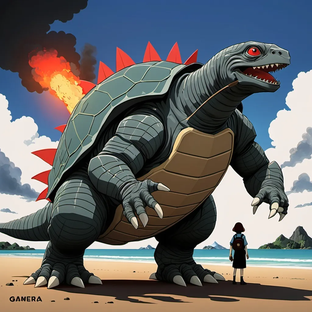 Prompt: Ghibli 2D anime style. Gamera.