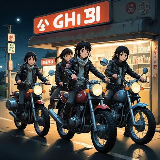 Prompt: Ghibli 2D anime style. A group of Japanese Go go bikers. all wear identical attire including leather jacket. Armed with a variety of weapons. Nighttime outside of a gas station. Parked motocycles.