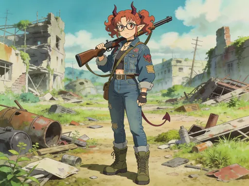 Prompt: Ghibli anime style, colored line drawing. Post apocalyptic wasteland. Post apocalyptic wasteland. nerdy female Tiefling. Rockabilly style. Auburn wig. armed with Shotgun. 